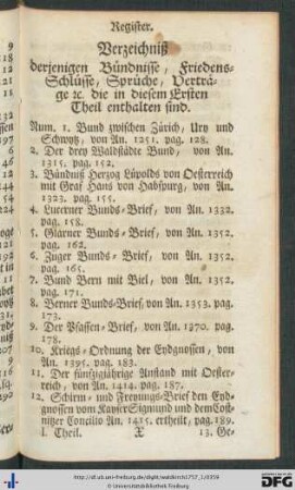 Verzeichniß derjenigen Bündnisse, Friedensschlüsse, Sprüche, Verträge etc. die in diesem Ersten Theil enthalten sind.