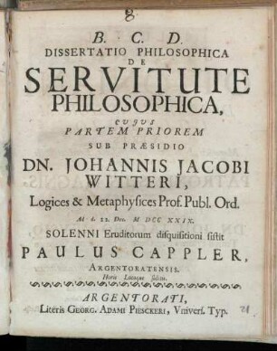 Dissertatio Philosophica De Servitute Philosophica