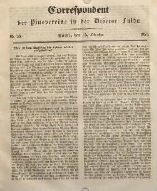 Nr. 20. Fulda, den 15. Oktober 1851.