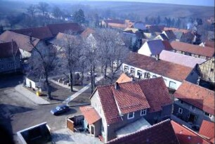 Blick vom Kirchturm auf den Anger mit Kastanien, Bushaltestelle
