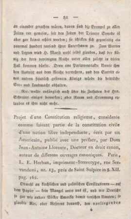 81-96 [Rezension] Projet d'une Constitution religieuse, considerée comme faisant partie de la constitution civile d'une nation libre independante