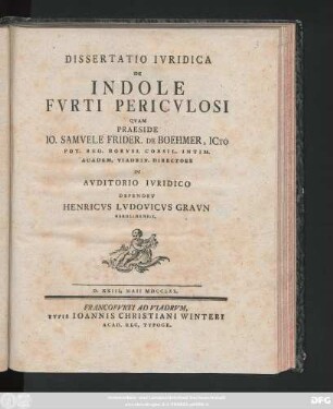 Dissertatio Ivridica De Indole Fvrti Pericvlosi