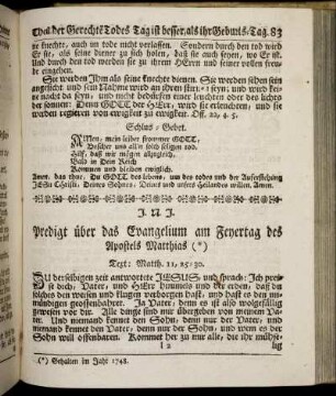 Predigt über das Evangelium am Feyertag des Apostels Matthias.