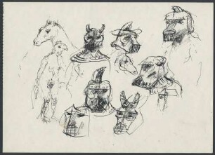 Kopfstudien verschiedener Tiere mit Masken