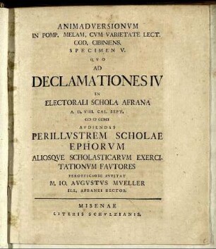 Spec. 5: Animadversionum In Pomp. Melam, Cum Varietate Lect. Cod. Cibiniens. Specimen V..