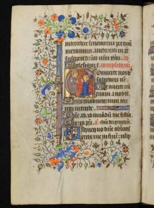 Initiale D, historisiert (Marienkrönung), mit Fadenrankenbordüre