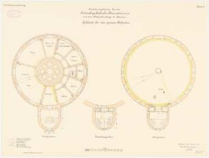 Astrophysikalisches Observatorium auf dem Telegrafenberg, Potsdam: Gebäude für den großen Refraktor: Grundriss Erdgeschoss, Zwischengeschoss, Obergeschoss 1:100
