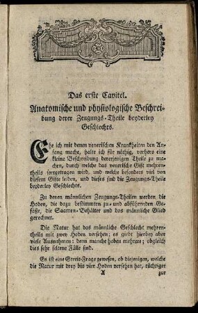 Das erste Capitel. Anatomische und physiologische Beschreibung derer Zeugungs- Theile beyderley Geschlechts.