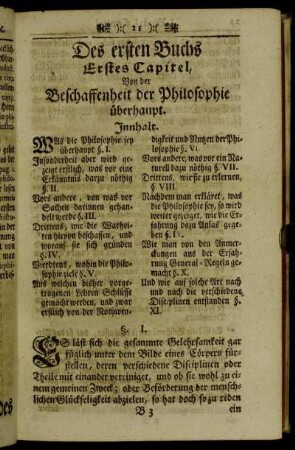 Des ersten Buchs Erstes Capitel, Von der Beschaffenheit der Philosophie überhaupt.