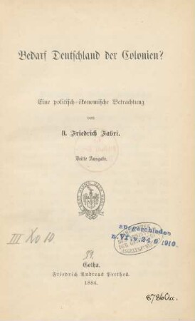 Bedarf Deutschland der Colonien? : Eine politisch-ökonomische Betrachtung