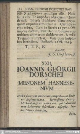XXII. Ioannis Georgii Dorschei ad Menonem Hannekenium