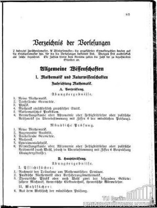 Verzeichnis der Vorlesungen (Prüfungspläne, Studienpläne, Vorlesungen) Fakultät für: Allgemeine Wissenschaften Fachrichtungen für Mathematik, Physik, Chemie und Wirtschaftswissenschaft
