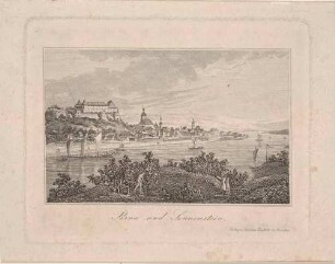 Stadtansicht von Pirna mit dem Sonnenstein und der Marienkirche von Nordosten über die Elbe