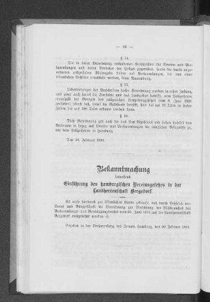 Bekanntmachung betreffend Einführung des hamburgischen Vereinsgesetzes in der Landherrenschaft Bergedorf.