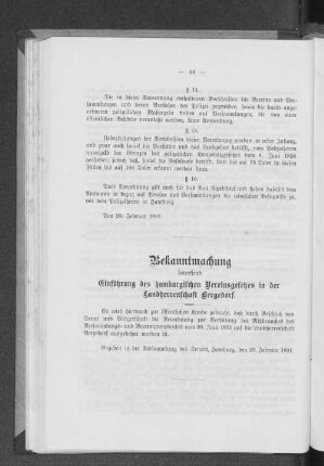 Bekanntmachung betreffend Einführung des hamburgischen Vereinsgesetzes in der Landherrenschaft Bergedorf.