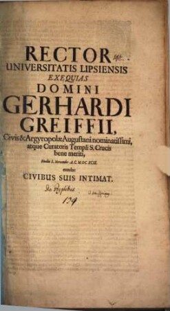 Rector Universitatis Lipsiensis exequias Gerh. Greiffii ... hod. I. Nov. eundas civibus suis intimat : [disseritur de gryphibus, autore Jo. Cypriano]