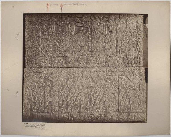 "Two fragments of bas-reliefs, taken in a room at the ball court."