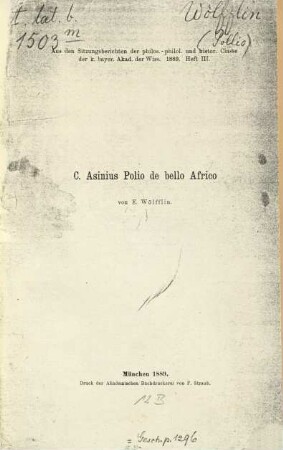 C. Asinius Polio de bello Africo : Mit e. Anh. über d. Gefecht bei Ruspina