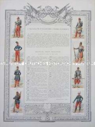 Uniformdarstellung, Rüstungen und Uniformen von Soldaten des 3. Bataillons der Afrikanischen Leichten Infanterie und Zeittafel von Schlachten und Belagerungen mit Beteiligung dieses Bataillons, Frankreich, 1834-1892.