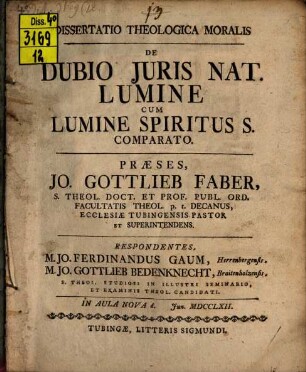 Dissertatio Theologica Moralis De Dubio Juris Nat. Lumine Cum Lumine Spiritus S. Comparato