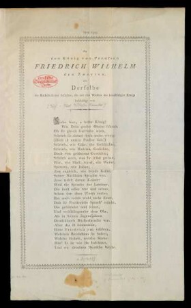 An den König von Preussen Friedrich Wilhelm den Zweyten, als Derselbe die Buchdruckerey besuchte, die mit den Werken des höchstseligen Königs beschäftigt war