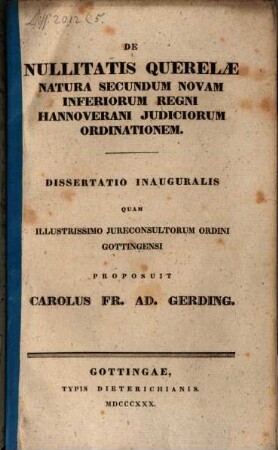 De nullitatis querelae natura secundum novam inferiorum regni Hannoverani iudiciorum ordinationem : Diss. inaug.