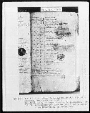 Annales Colbazenses (Kloster Colbaz), Calendarius ecclesiasticum, Sermones Mauricii episcopus Parisiensis — Annales Colbacenses und Calendarius ecclesiasticum, Folio 1 recto - 33 verso — ---, Folio ---Tierkreiszeichen Skorpion, Folio 32recto