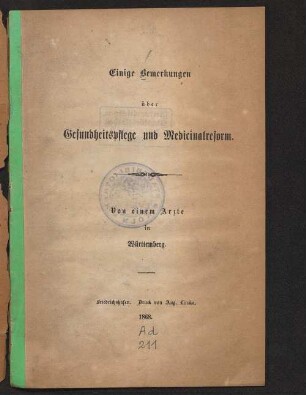 Einige Bemerkungen über Gesundheitspflege und Medicinalreform