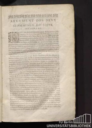 Argument Des Deux Sepmaines, Du Sieur Du Bartas.