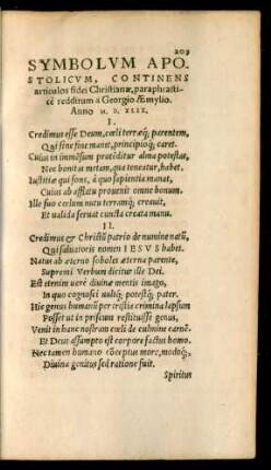 Symbolum Apostolicum, Continens articulos fidei Christianae, paraphrastice redditum a Georgio Amylio.