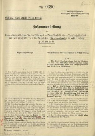 Zusammenstellung des Entwurfs eines Gesetzes über die Bildung einer Stadt Groß-Berlin - Drucksache Nr. 1286 - mit den Beschlüssen des 17. Ausschusses (Unterausschuß) in erster Lesung
