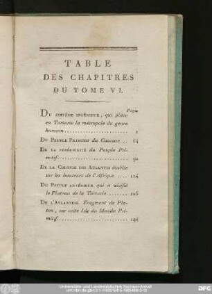 Tables Des Chapitres Du Tome VI.