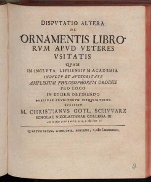 Dispvtatio Altera De Ornamentis Librorvm Apvd Veteres Vsitatis