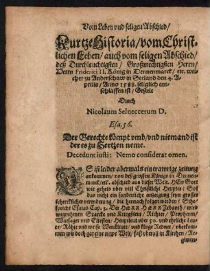 Kurtze Historia/ vom Christlichen Leben/ auch vom seligen Abschied ...
