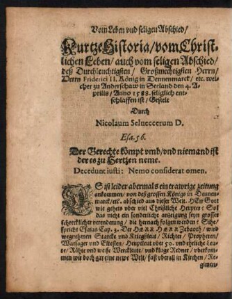 Kurtze Historia/ vom Christlichen Leben/ auch vom seligen Abschied ...