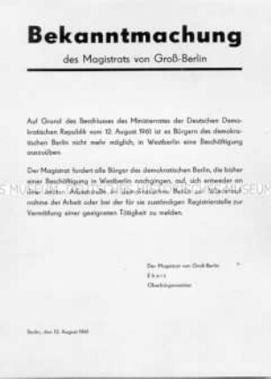 Bekanntmachung des Magistrats von Berlin (DDR), dass Bewohner des Ostteiles der Stadt ab 12. August 1961 nicht mehr in den Westsektoren arbeiten dürfen