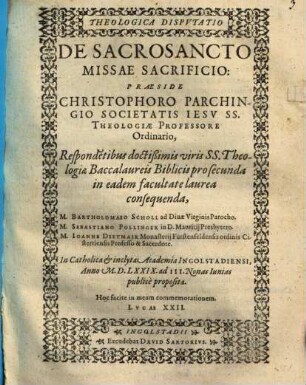 Theologica Dispvtatio De Sacrosancto Missae Sacrificio