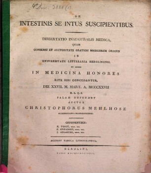 De intestinis se intus suscipientibus : Diss. inaug. med. ; cum tab. lith.