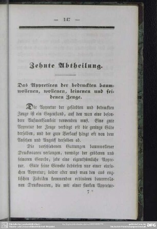 Zehnte Abtheilung. Das Appretiren der bedruckten baumwollenen, wollenen, leinenen und seidenen Zeuge