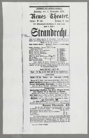 ... Sonntag, den 11. November 1906. Neues Theater ... Strandrecht. Oper in 3 Akten von H. B. Lesorestier. Aus dem Französischen ins Deutsche übertragen von H. Decker und J. Bernhoff. Musik von E. M. Smyth ...