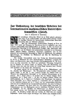 Zur Vollendung der deutschen Arbeiten der internationalen mathematischen Unterrichtskommission (Imuk)