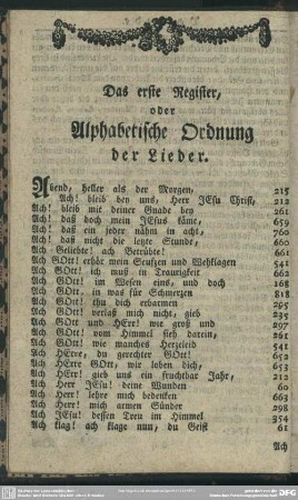 Das erste Register, oder Alphabetische Ordnung der Lieder