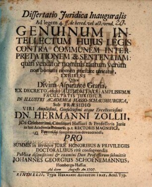 Diss. iur. inaug. ... genuinum intellectum huius legis contra communem interpretationem et sententiam: quasi venditor nominis tantum verum non bonum nomen praestare teneatur, exhibens
