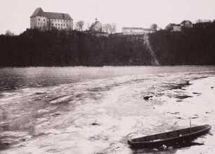 Burgk, Blick auf das Schloss : Burgk. Schloß. Ansicht von Südosten über das vereiste Ausgleichsbecken Bugkhammer der Saale
