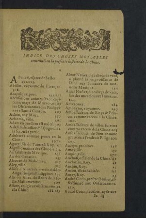 Indice des choses notables contenuës en la presente hostoire de la Chine. [Alphabet falsch gebunden]