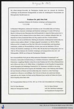 Todesanzeige / Nachruf auf Otto Feld