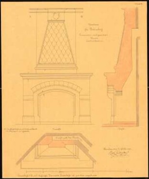 Herrschaftliches Wohnhaus, Belmsdorf Umbau: Kamin im Vestibül: Grundriss, Aufriss, Schnitt, Maßstabsleiste 1:10
