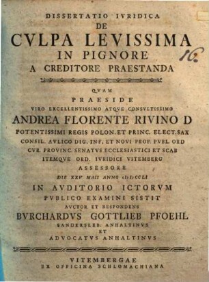 Diss. iur. de culpa levissima in pignore a creditore praestanda