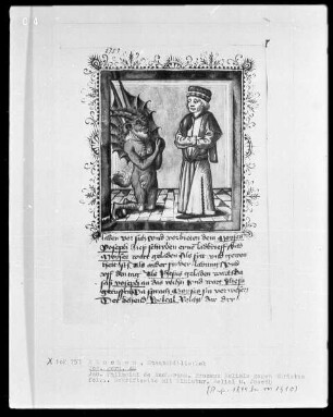 Jacobus Palladini de Anacharano, Prozeß des Teufels Belial mit Christus; der 'Grüne Teufel' — Belial kniet vor Joseph