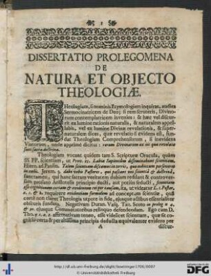 Dissertatio Prolegomena De Natura Et Objecto Theologiae